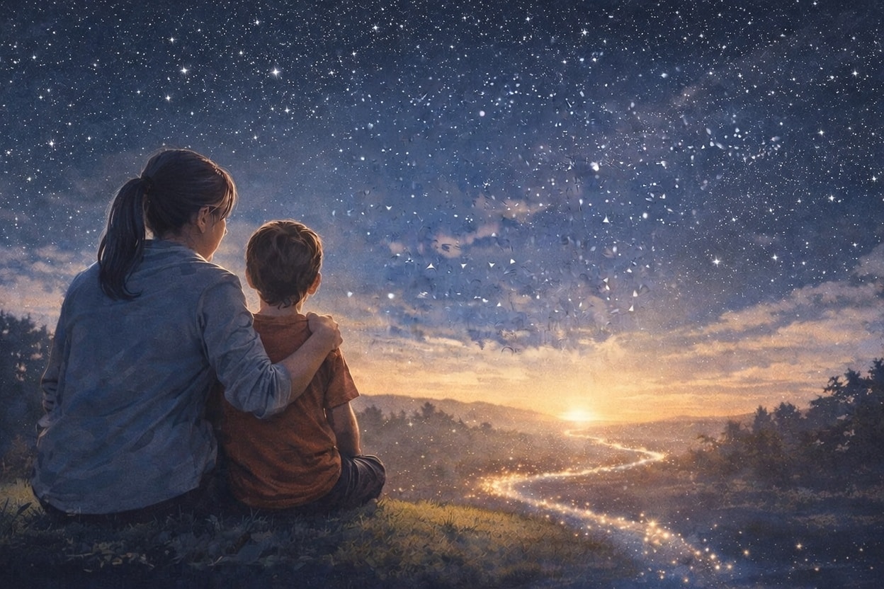 Adult and child sitting together, looking at a starry sky with a bright North Star guiding the way - metaphor for Polaris Pathways guiding ABA careers